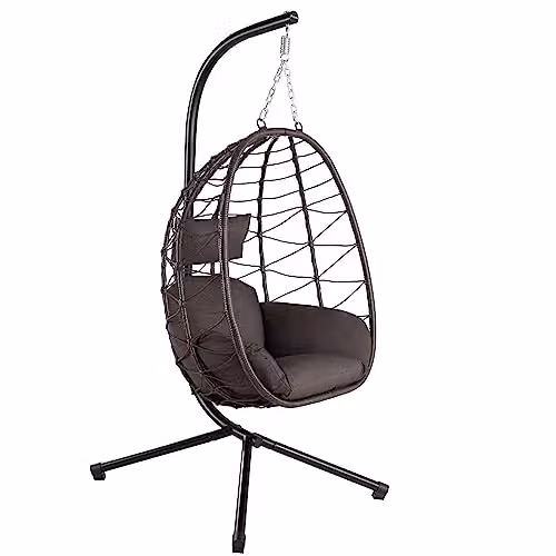 Silla colgante HinHocker tipo huevo con soporte de metal y cojines, color marrón, para interior y exterior