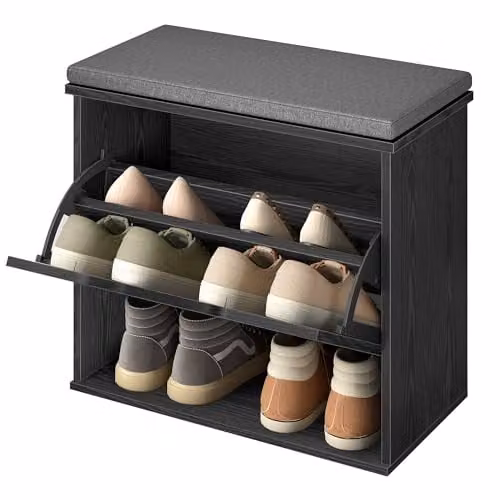 VASAGLE Banco zapatero acolchado con cajón abatible para 6 pares, negro y gris