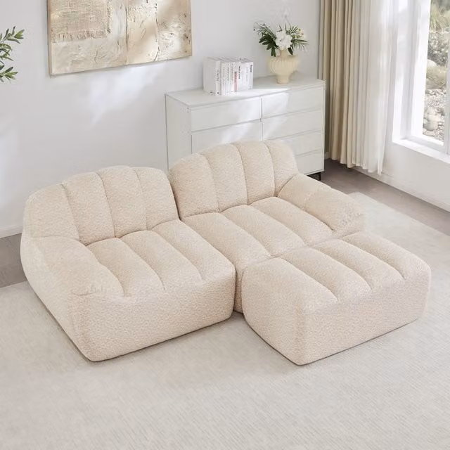 Sofá Modular de 2 Plazas en Forma de L con Otomana KELLANY, Diseño de Concha en Tejido Boucle Reversible para Salón, Color Beige y Blanco