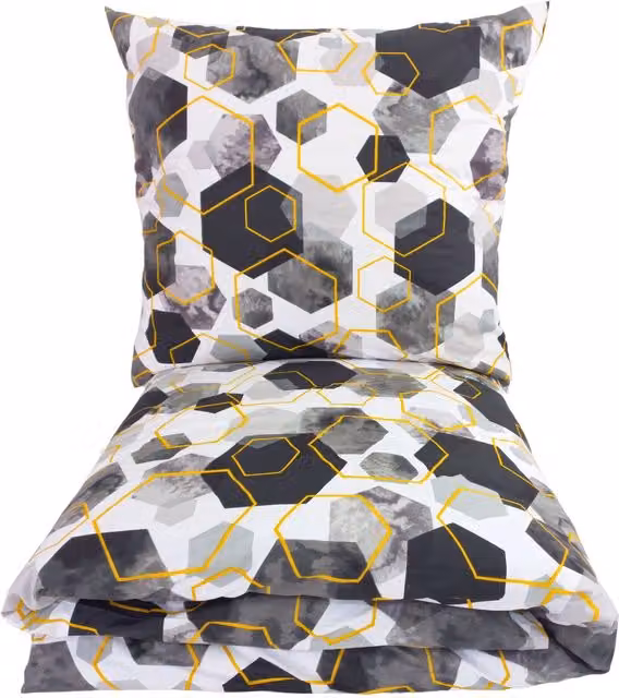 Juego de ropa de cama Doratex de 100% algodón con funda nórdica y fundas de almohada, diseño gráfico moderno en gris, dorado y blanco, An/P: 160 x 200 cm