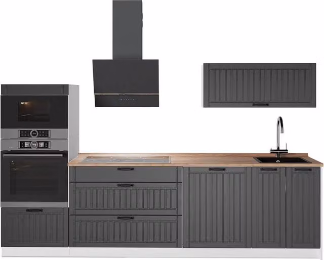 Mueble de cocina Vicco Fame-Line moderno en gris, blanco y roble, An: 280 cm, Al: 60 cm, P: 153,6 cm