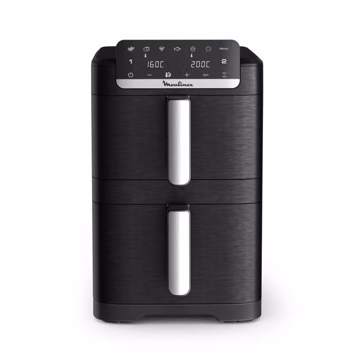Freidora de aire doble Moulinex Dual Easy Fry Stack de 10 litros, diseño vertical compacto con doble cesta y color negro