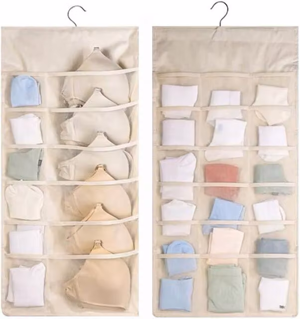 Organizador colgante para armario CSPARKV con 30 bolsillos para calcetines, ropa interior y sujetadores, reversible, color beige