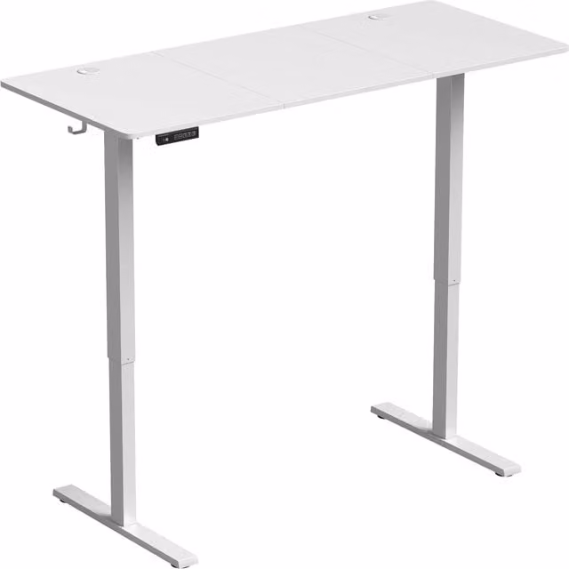 Escritorio elevable eléctrico HOMCOM en color blanco con pantalla LED, 3 memorias, 2 ganchos y 2 pasacables, An/P/Al: 140 x 60 cm