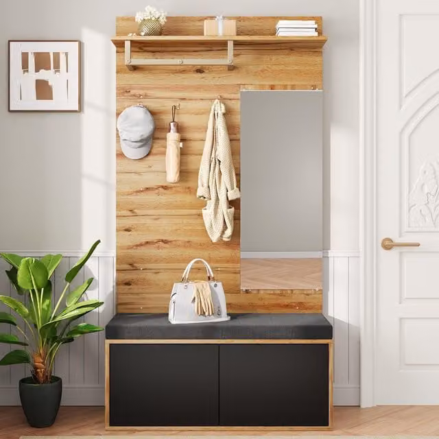 Mueble de entrada MODENVIE con espejo, banco acolchado, zapatero de 2 puertas y panel de ganchos, negro mate
