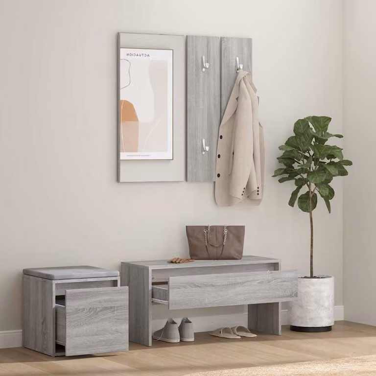 Set de muebles de recibidor moderno vidaXL de madera contrachapada y MDF con banco, espejo y estante de pared en color gris Sonoma