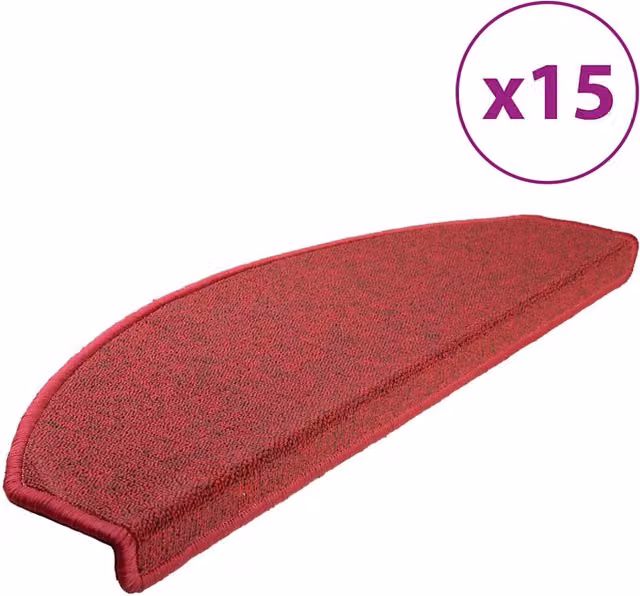 Set de 15 felpudos semicirculares para escaleras Vidaxl en color rojo, fabricados en polipropileno con diseño tufted y propiedades de absorción de sonido, An/P/Al: 65 x 24 x 3,5 cm