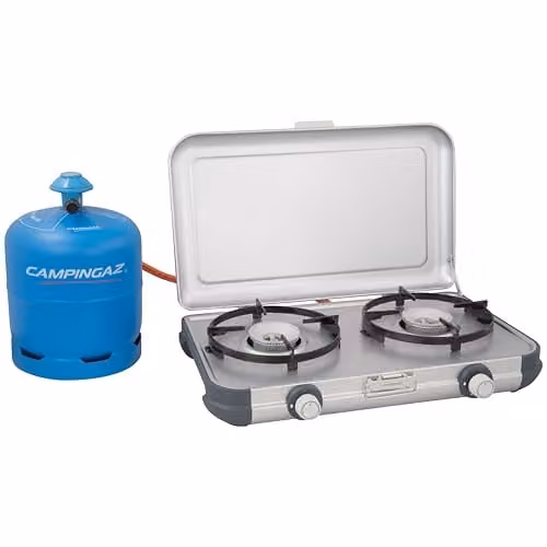 Cocina de camping Campingaz Kitchen 2 de sobremesa con 2 quemadores en color blanco y gris