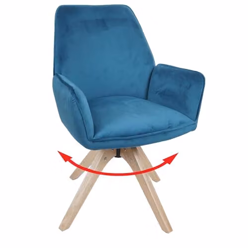 Silla de comedor giratoria Mendler HWC-G67 con reposabrazos en terciopelo y madera, azul turquesa