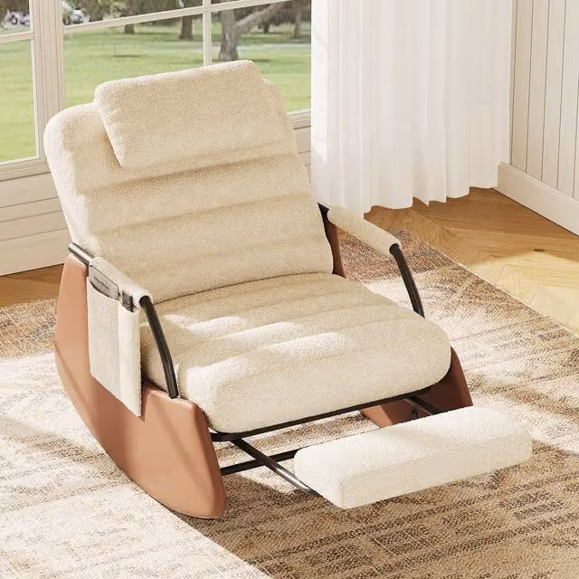 Sillón Mecedora Relax SOLKVUNZA con Reposapiés Plegable, Reposacabezas y Respaldo Ajustable en 3 Posiciones, Tejido Borreguito y Estilo Moderno, Beige