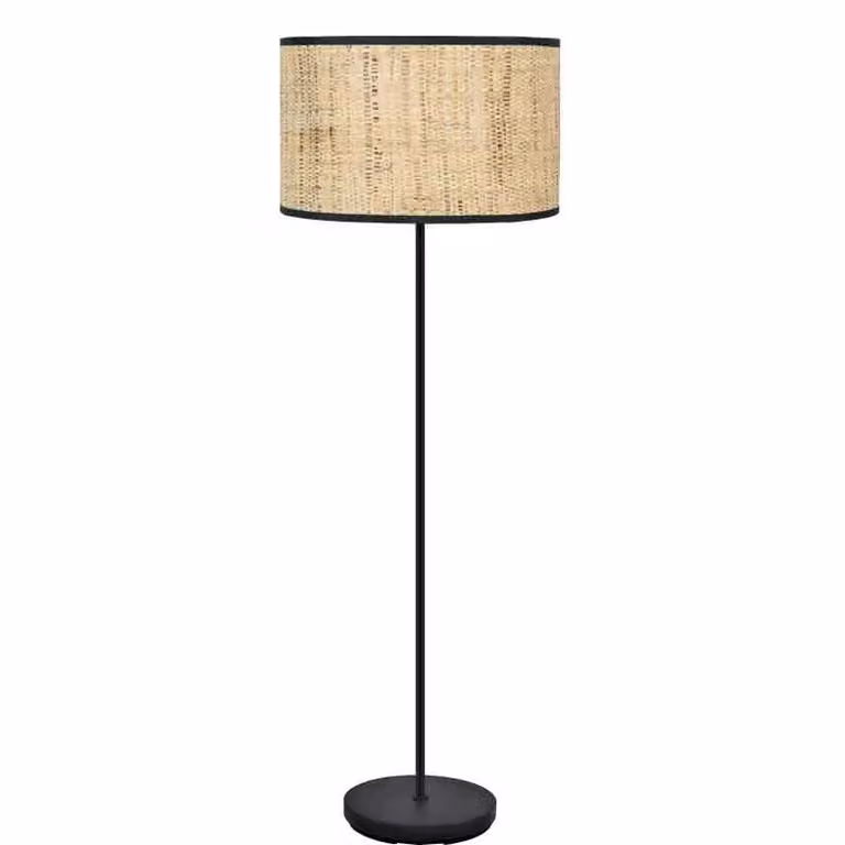 Lámpara de pie con pantalla de cañizo serie Aris de Decorshopping Muebles en color beige y negro con base de metal y ratán, Altura: 163 cm, Diámetro: 40 cm