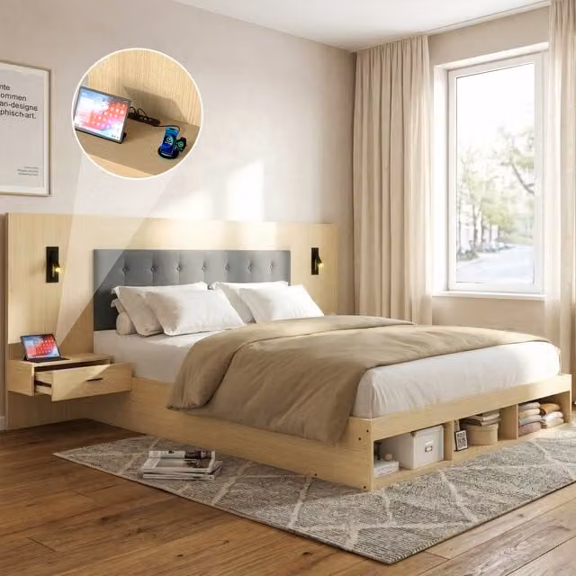Cama Doble Kellany de Madera con Almacenamiento, Estación de Carga USB y Tipo C, Lámpara de Lectura y 2 Mesitas de Noche, Color Roble Claro, An/P/Al: 160 x 200 cm