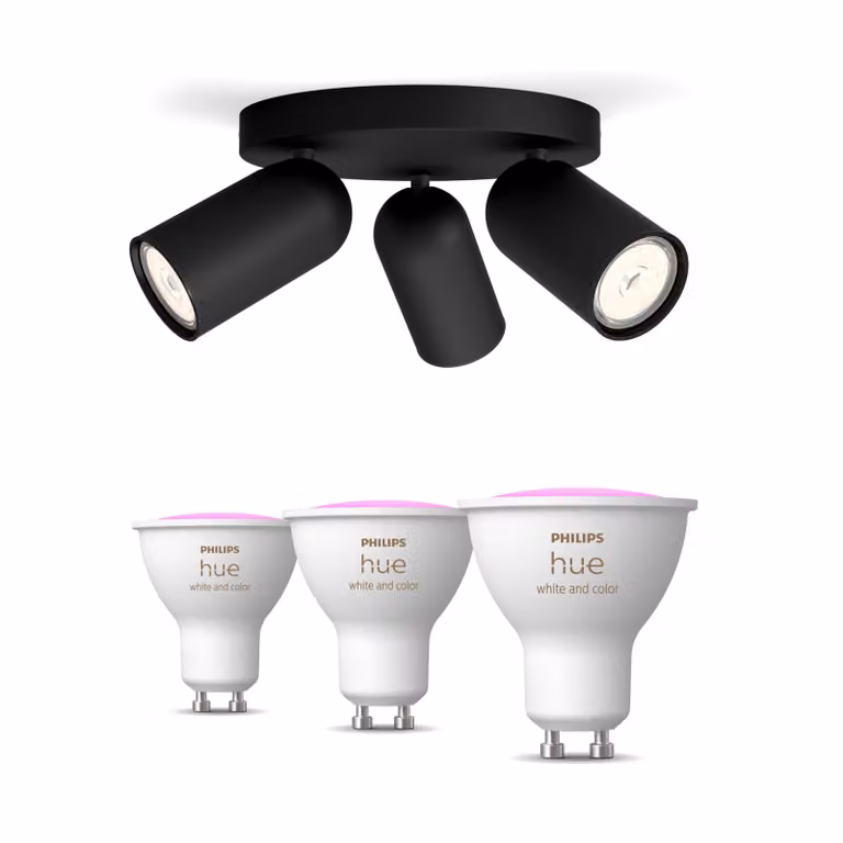 Pack Philips Hue de 3 Focos Pongee Negros y 3 Bombillas GU10 RGB LED