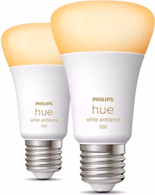 Pack de 2 bombillas inteligentes Philips Hue LED E27 de 8W con 1100 lúmenes y luz blanca fría 6500K de clase energética F