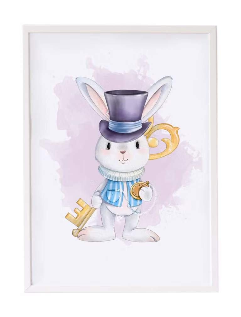 Lámina de ilustración de conejo y llave de Crochetts, cuadro decorativo de madera blanca para pared, An/Al: 43 x 33 cm