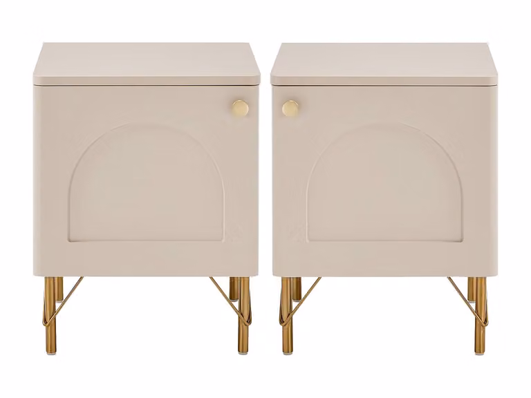 Conjunto de 2 mesitas de noche modernas ALOBARA con 1 puerta en beige y dorado