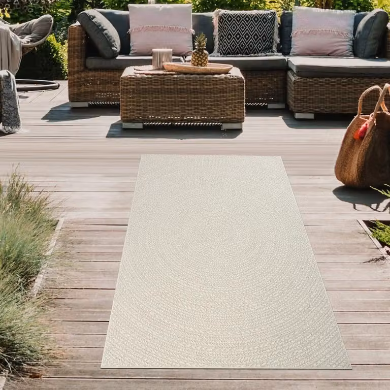Alfombra Teppich-Traum de yute para exterior y jardín con diseño de puntos en color beige y blanco, An/P: 80 x 250 cm