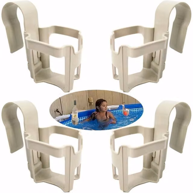 Juego de 4 accesorios multifuncionales XISRENS con soporte, cesta de almacenamiento y portavasos desmontable en plástico para piscina, playa o bañera en colores azul, negro o blanco