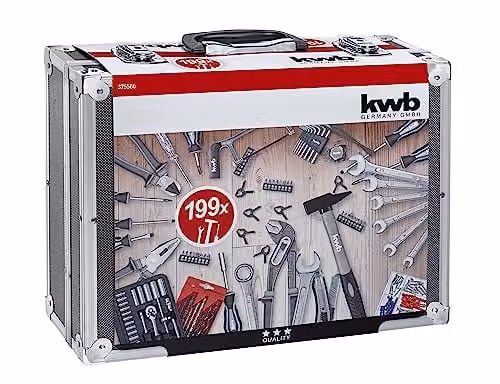 Maletín de herramientas de aluminio kwb con 199 piezas en colores negro, plata y multicolor