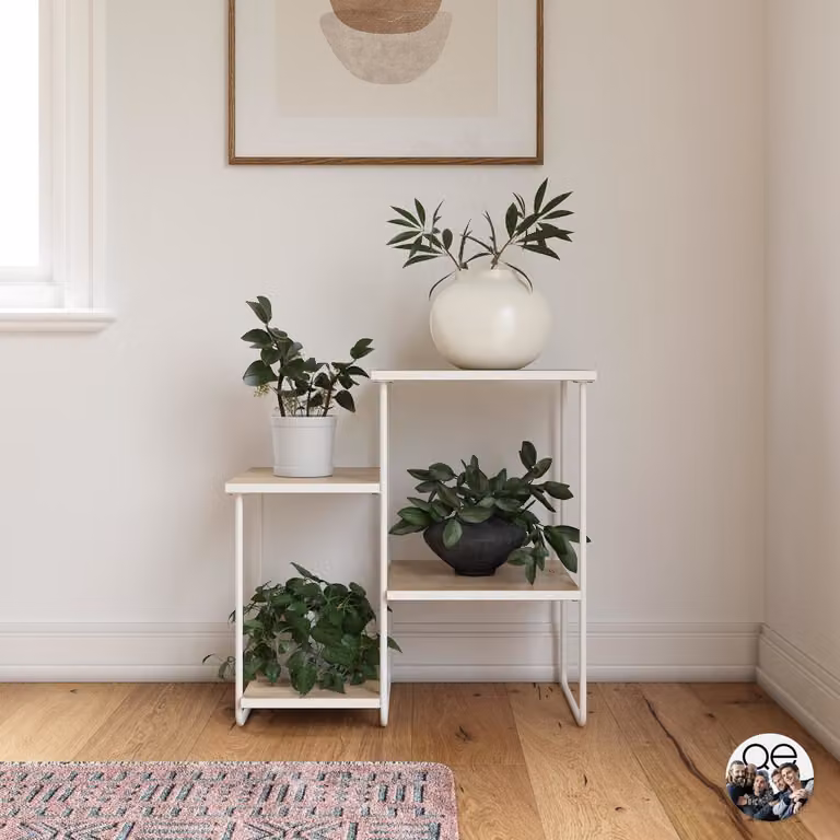 Soporte para plantas minimalista Dorel Home con estructura de metal y acabado de madera natural en color marrón y blanco