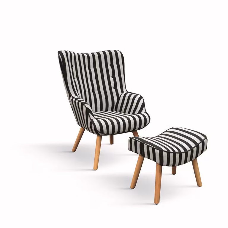 Sillón relax Konte.Design de tela con rayas blancas y negras, diseño moderno con reposapiés integrado y patas de madera