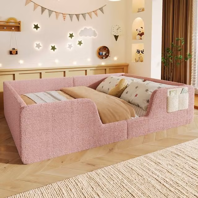 Cama infantil Redom tapizada en terciopelo rosa con barandillas desmontables y compartimentos laterales An/P/Al: 140 x 190 x 42 cm