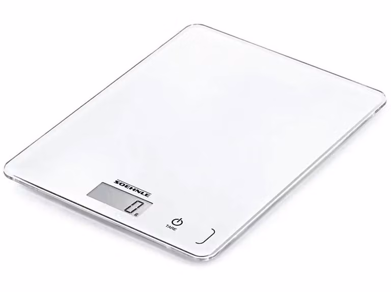 Balanza de cocina digital Soehnle Page Compact 300 con sistema sensor touch y pantalla LCD, color blanco, capacidad de 5 kg