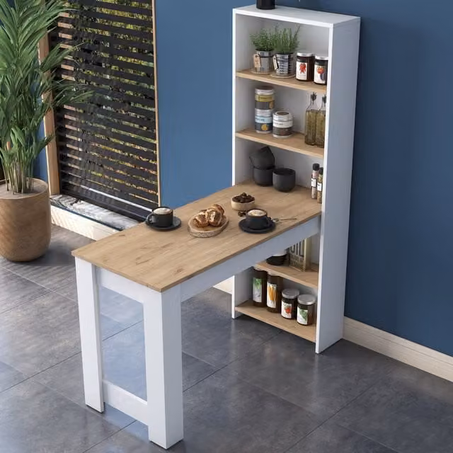 Mesa de cocina escandinava KROSI DECOR en blanco y marrón con acabado mate y estante integrado