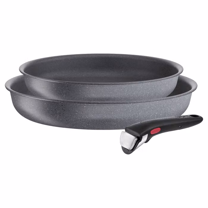 Set de 3 sartenes Tefal Ingenio Natural Force con mango extraíble, aluminio antiadherente, color gris, aptas para inducción, diámetros de 24 y 28 cm