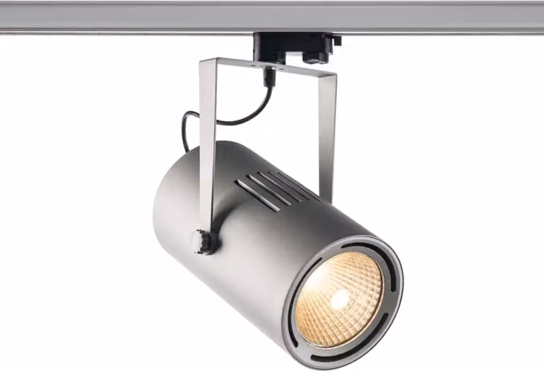 Foco LED trifásico SLV de diseño cilíndrico en color gris plateado, 61 W, 5500 lúmenes, luz blanca cálida de 3000 K y ángulo de haz de 12 grados