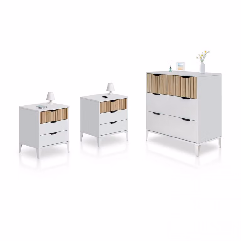 Pack de dormitorio Duehome Nitza On con cómoda y mesitas de noche en blanco y beige con cajones de cierre suave