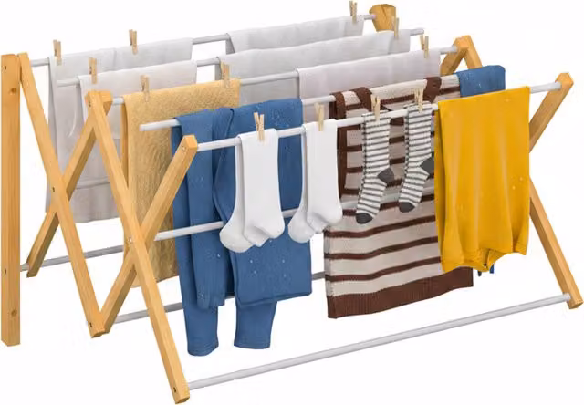 Tendedero de pared extensible Relaxdays de bambú y metal con 8 barras, color blanco, An/P/Al: 45 x 71 x 59 cm