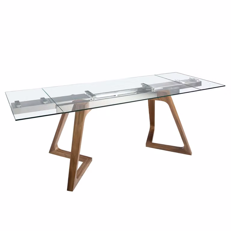 Mesa de comedor extensible rectangular de cristal templado transparente y nogal Angel Cerda An/P/Al: 160 x 90 x 75 cm