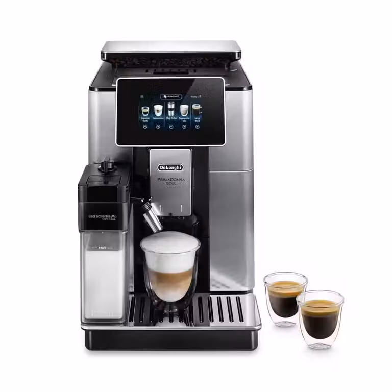 Cafetera automática De'Longhi PrimaDonna Soul ECAM610.75.MB en color negro metalizado con acabado en acero inoxidable para encimera