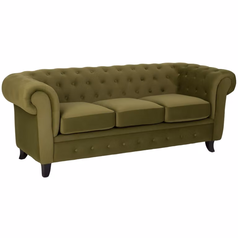 Sofá Chesterfield Wanderlust Deco tapizado en terciopelo verde con estructura de madera An/P/Al: 199 x 82 x 76 cm