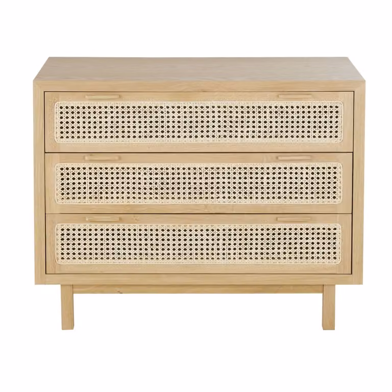 Cómoda de 3 cajones de chapa de roble y rejilla de ratán Maison du Monde en color marrón y beige