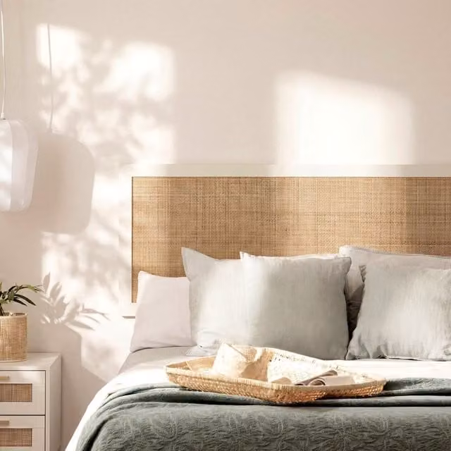 Cabecero Tahiti de Klast Home en madera maciza lacada blanca y ratán natural para cama de 160 cm