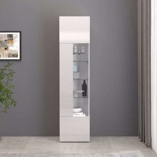 Vitrina Egypt de WHOUS con puerta de cristal y 5 estantes en blanco brillo An/P/Al: 45 x 34,2 x 190 cm