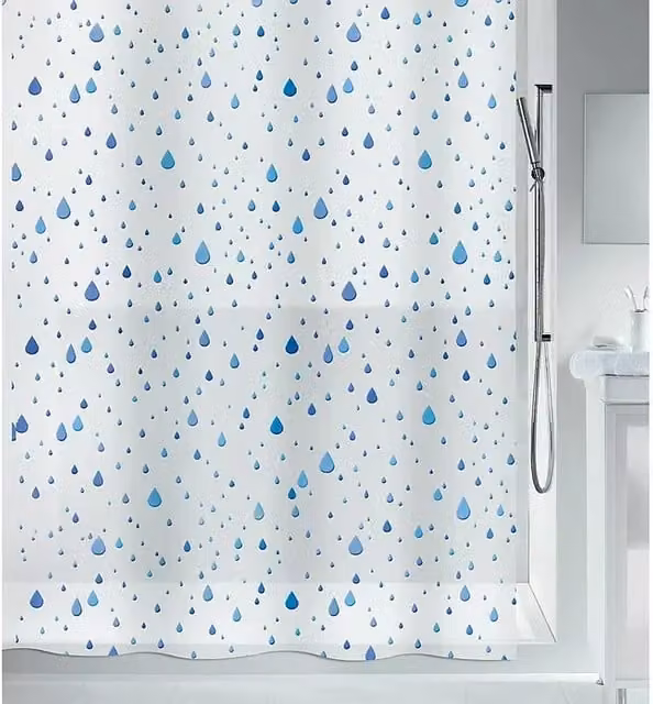 Cortina de ducha Spirella Waterdrops azul y blanco An/Al: 180 x 200 cm