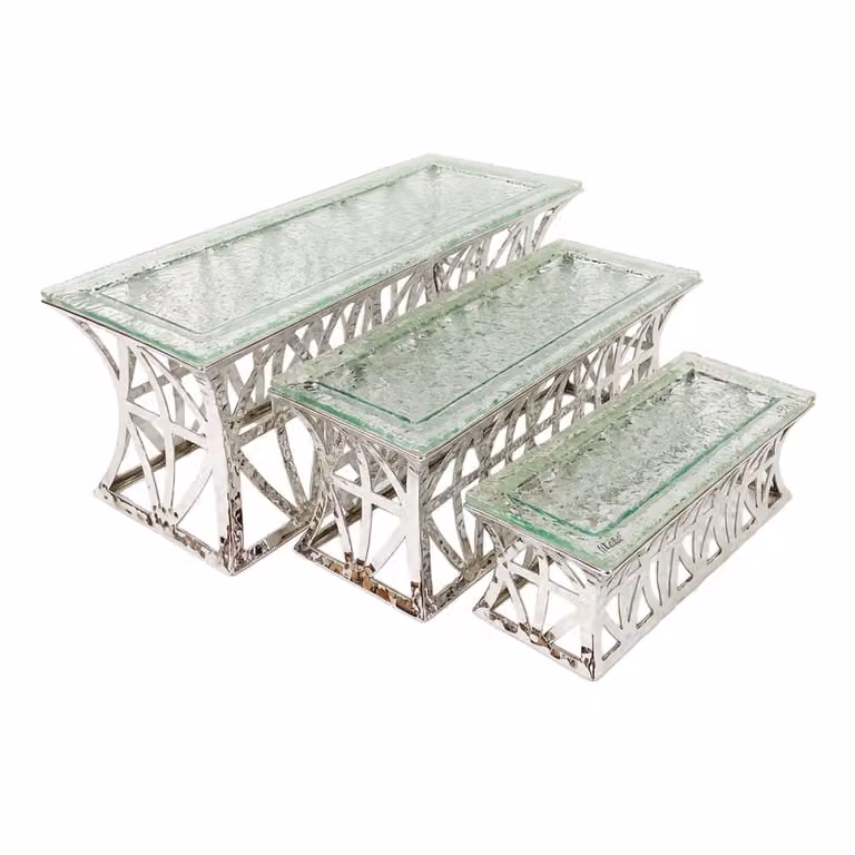 Lote de 3 soportes rectangulares para postre Aulica en color plateado de acero inoxidable y aluminio para profesionales
