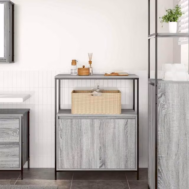 Mueble de baño moderno SYFAX con estantes y puertas en gris mate, An/P/Al: 76,5 x 35 x 95 cm