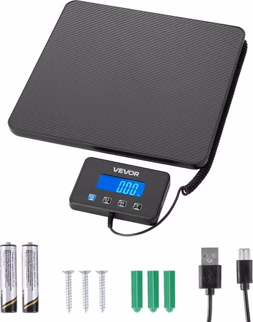 Báscula digital VEVOR de 200 kg con precisión dual, función de tara y retención, pantalla LCD y batería recargable, color negro