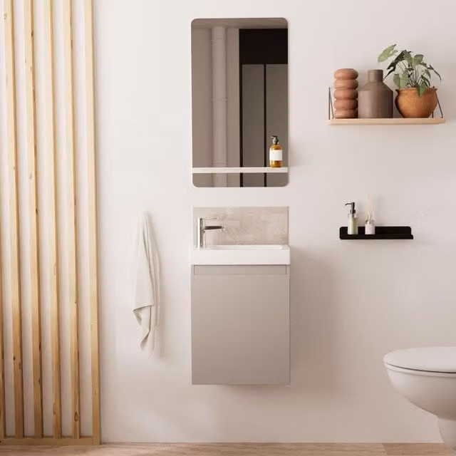 Mueble de baño Mob-In con lavabo y espejo con iluminación LED en acabado gris brillante y diseño minimalista de pared
