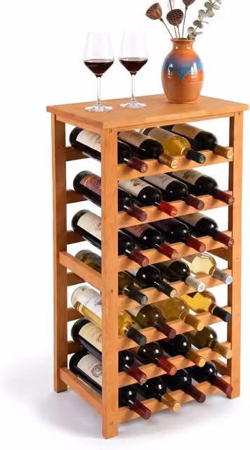 Relaxdays Estante para vino de madera de nogal para 28 botellas, Color natural, An/P/Al: 94 x 47 x 26 cm
