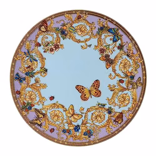 Plato de presentación floral Le Jardin de Versace de Versace en porcelana color turquesa y púrpura, Diámetro: 33 cm