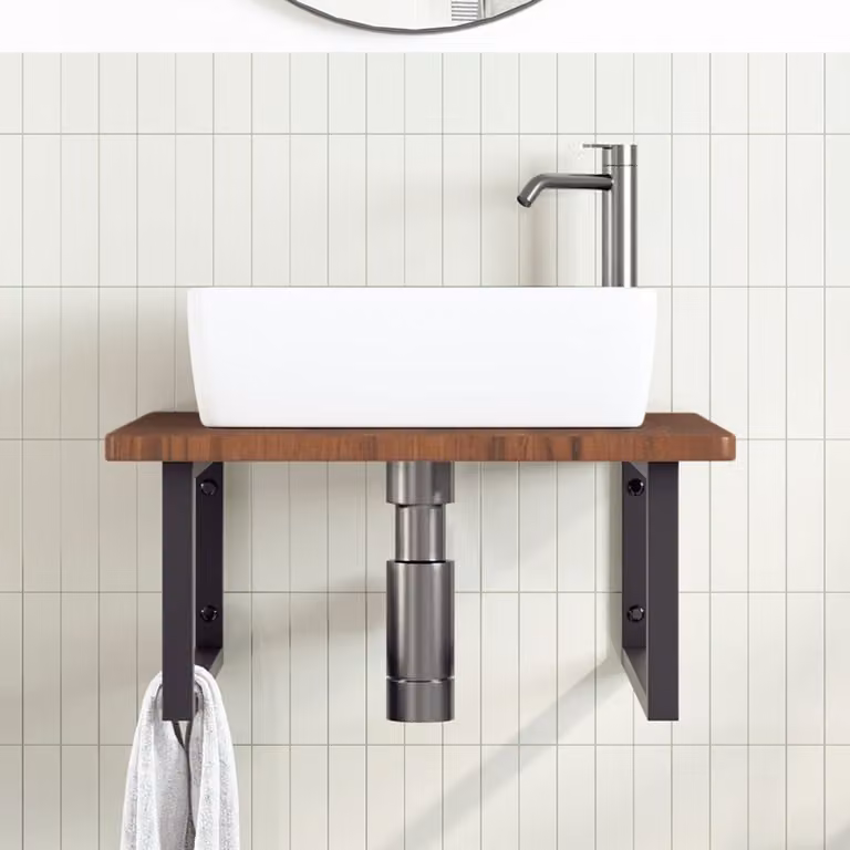 Estante de lavabo de pared Syfax moderno de madera de roble y metal en color marrón