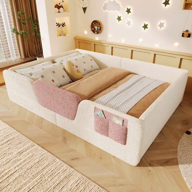 Cama infantil tapizada HAUSS SPOLE en terciopelo color beige con barandilla de seguridad y compartimentos de almacenamiento An/P/Al: 140 x 190 x 42 cm