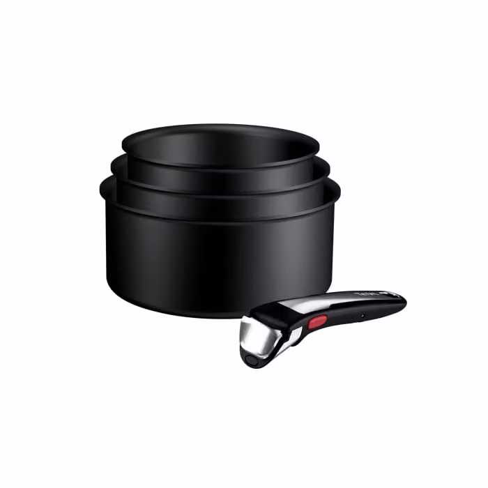 Set de 3 cazos Tefal Ingenio Excellence+ negros de aluminio con revestimiento antiadherente, apilables, con mango extraíble y aptos para horno