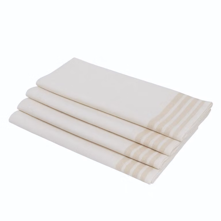 Pack de 4 servilletas de algodón MAHDIA con diseño de rayas en color blanco y beige lino, An/An: 45 x 45 cm