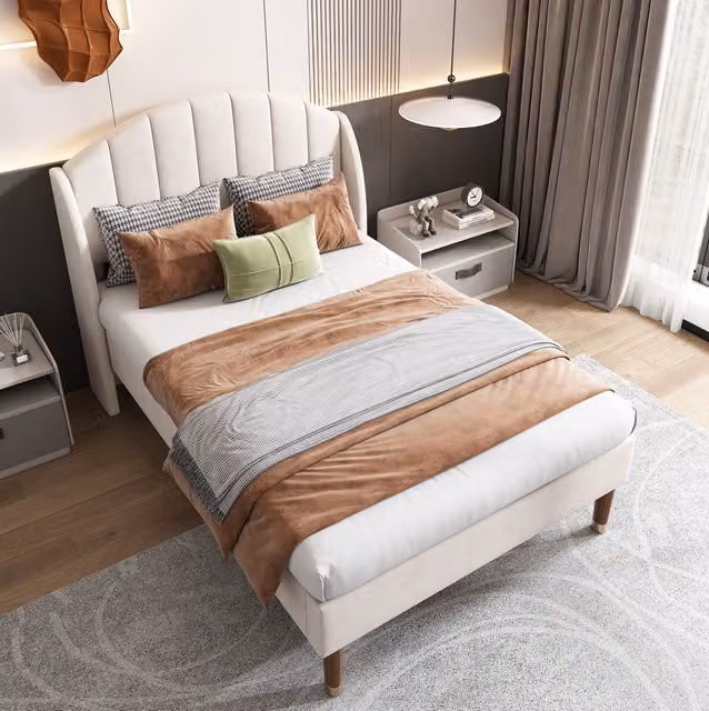Cama Tapizada BEAOK con Somier de Lamas de Madera y Cabecero en Tela Beige de 90x200 cm